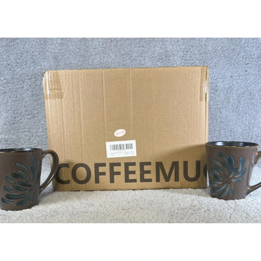 Pier 1 Blue Mum Set of 6 Retired Large Coffee Mugs Hand Painted Stoneware‎